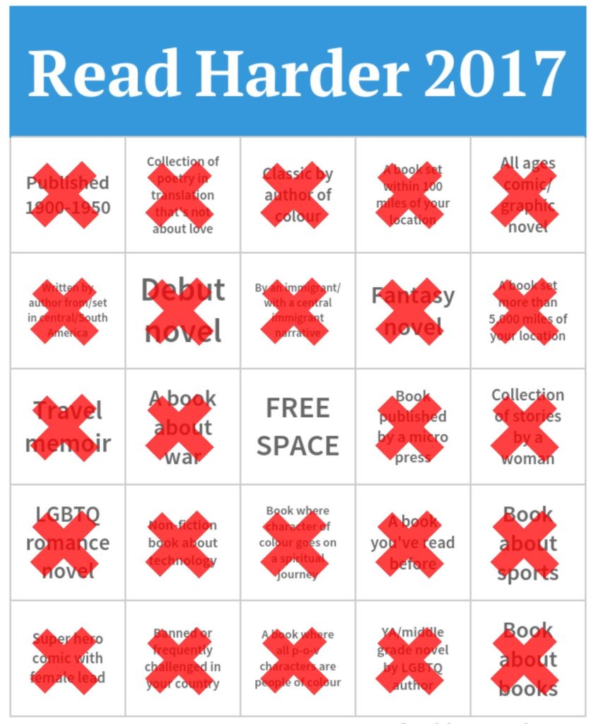 Read Harder Bingo card with all the squares crossed off