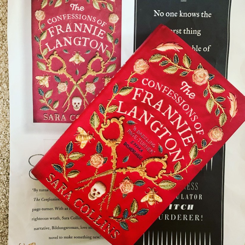 Hardback copy of The Confessions of Frannie Langton and promotional mini-newspaper