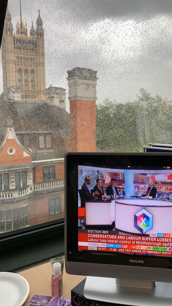 View of the houses of parliament from an upper floor window