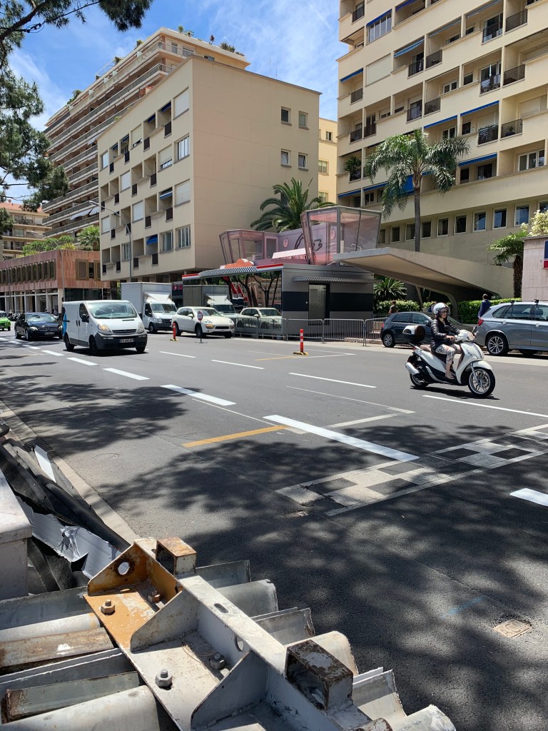 Finish line, pole position marker and podium pavillion in Monte Carlo.