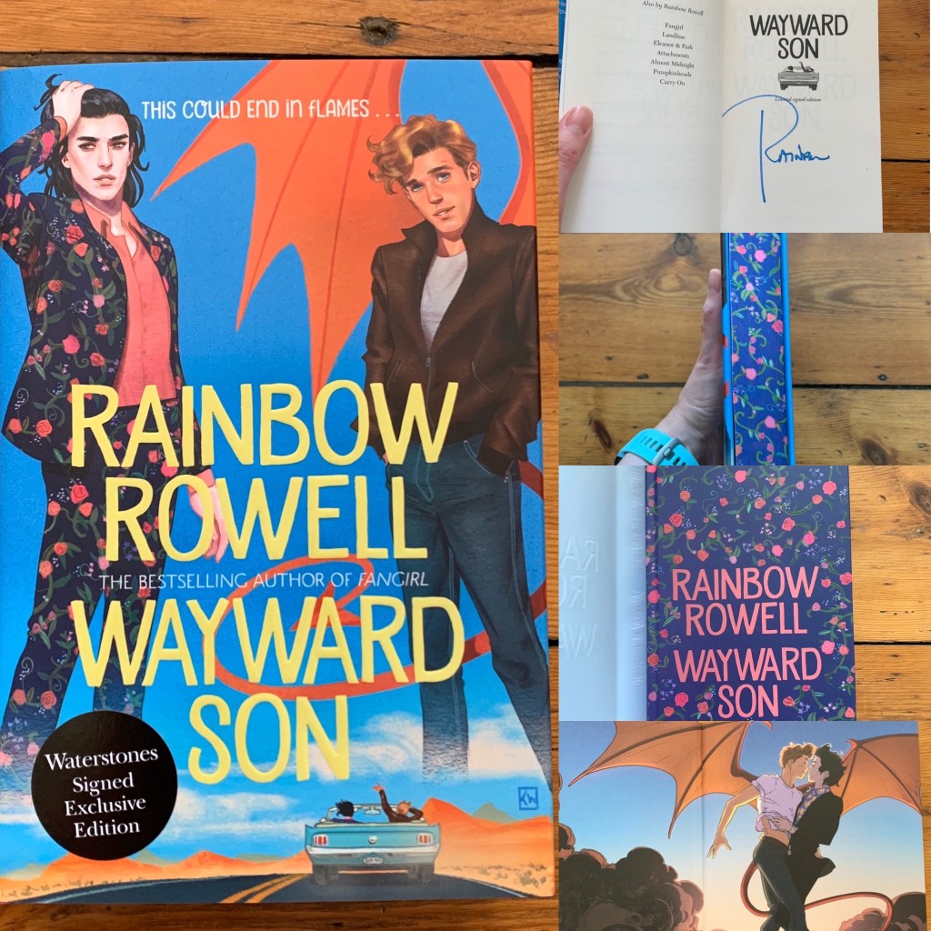 collage of pictures of signed hardcover Wayward Son - with flowery edges, flowery cover under the dustjacket and lovely endbards