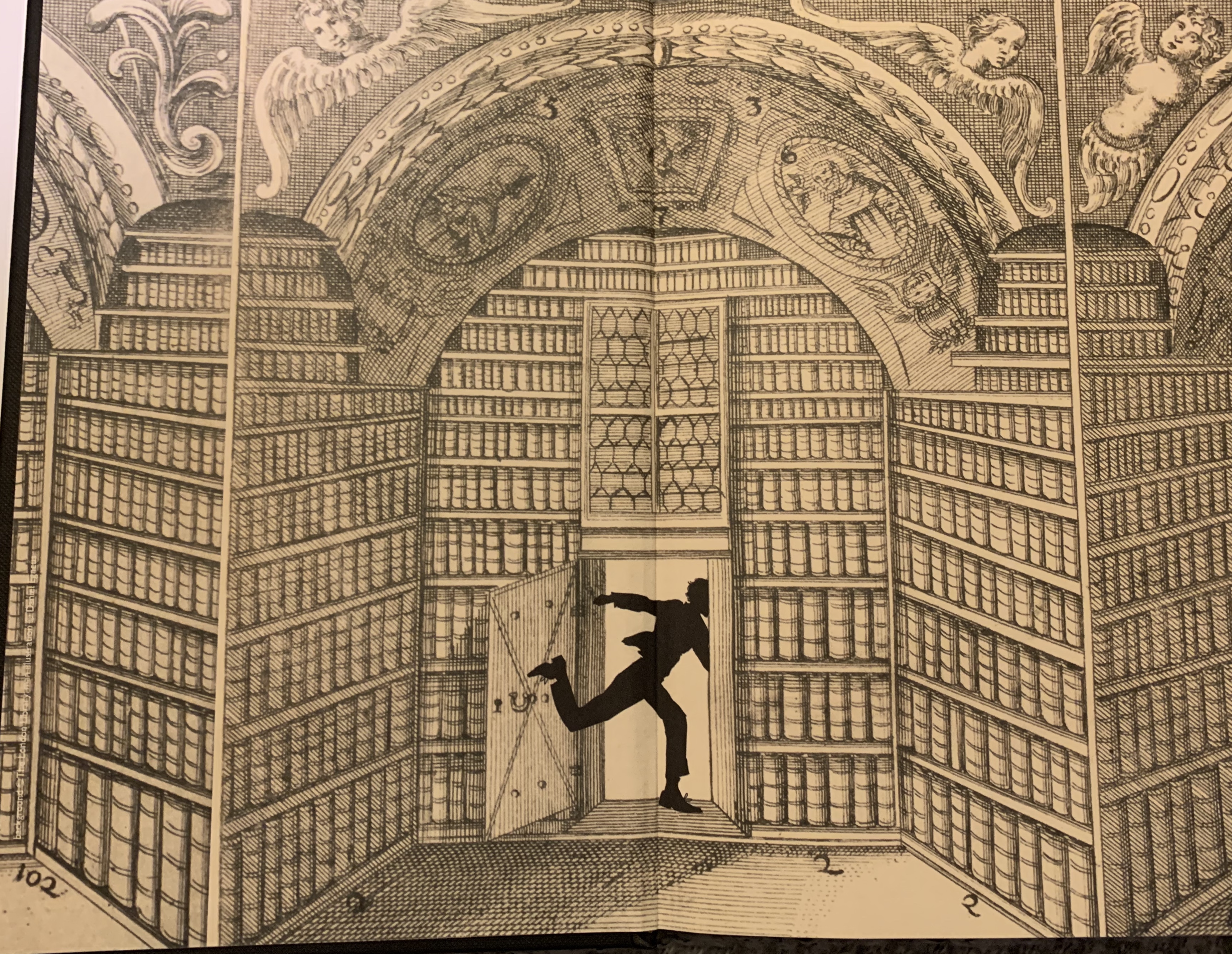 Endpapers showing a library