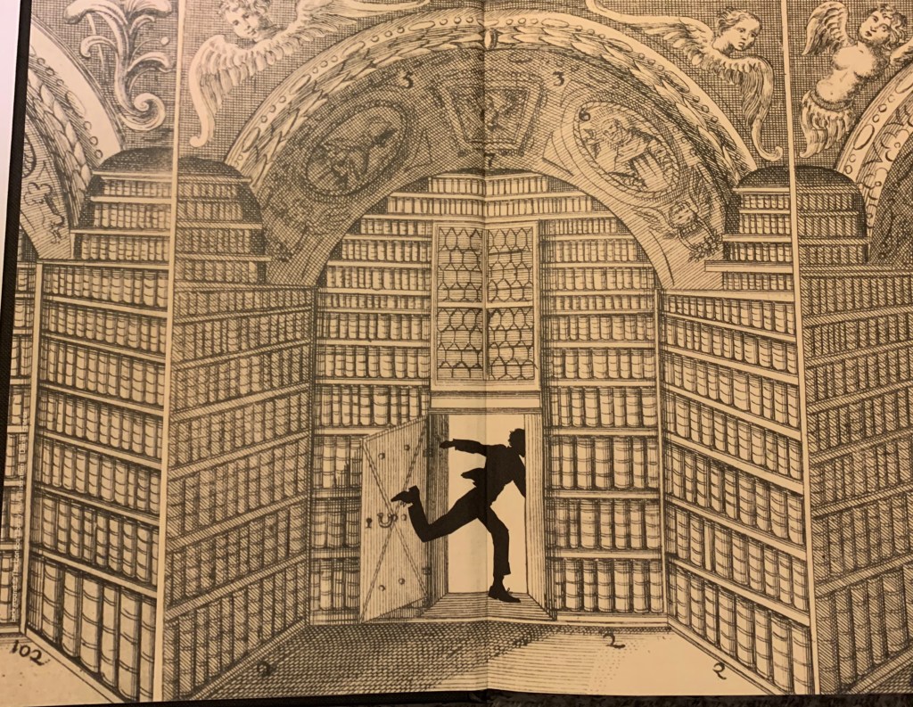 Endpapers showing a library