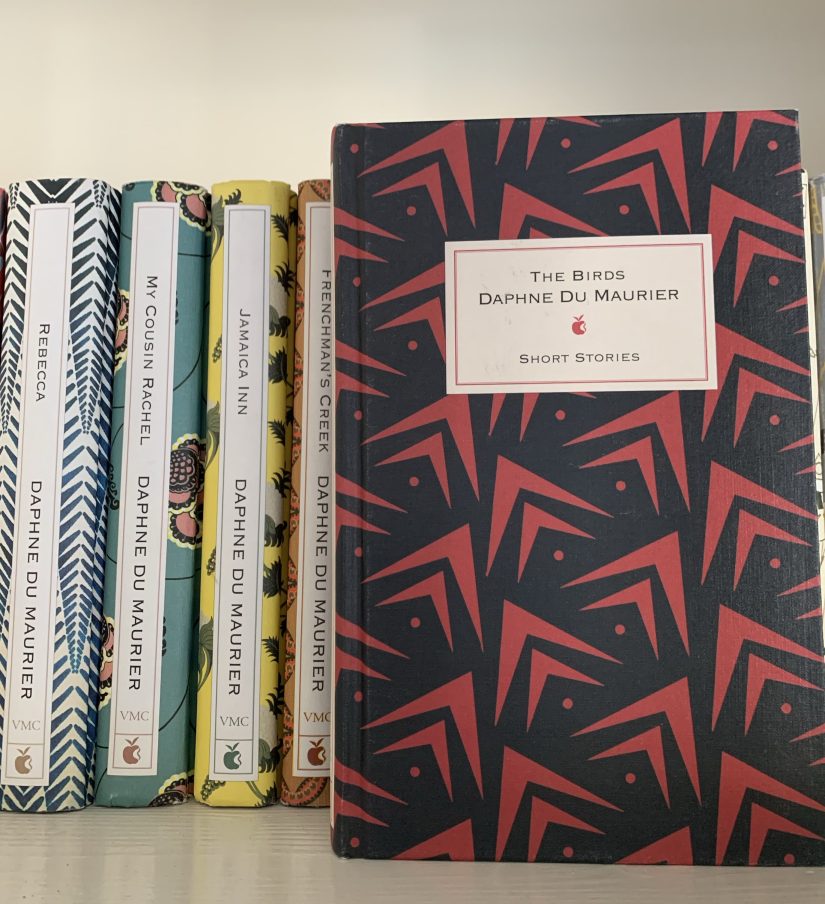 Hardback of The Birds on a shelf with other Virago Hardbacks