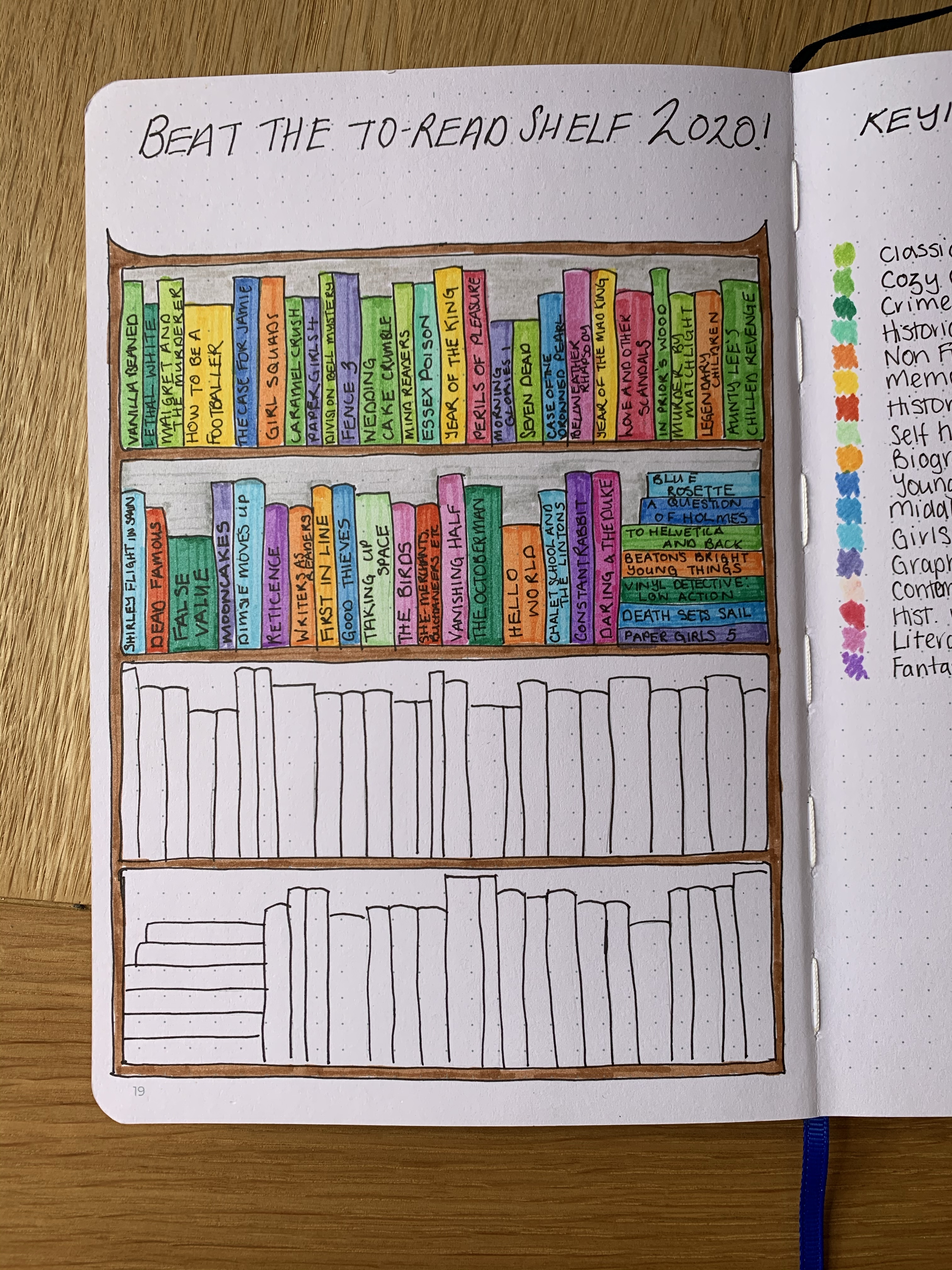Drawing of a bookshelf with books on half the shelves coloured in
