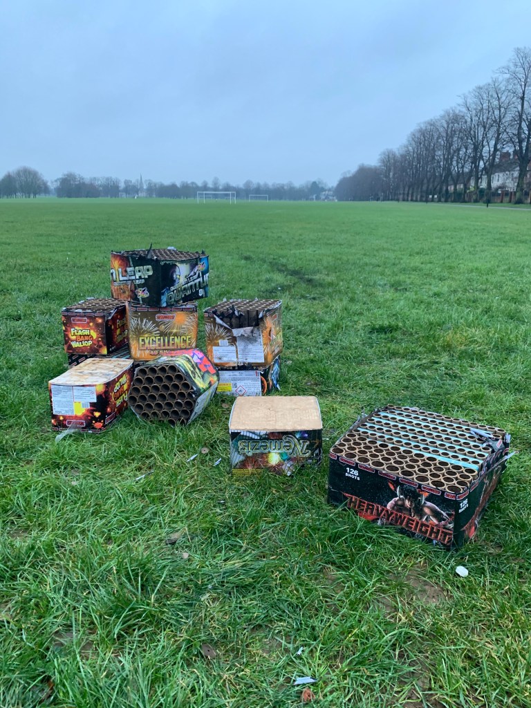 empty boxes of fireworks in the middle of a parl