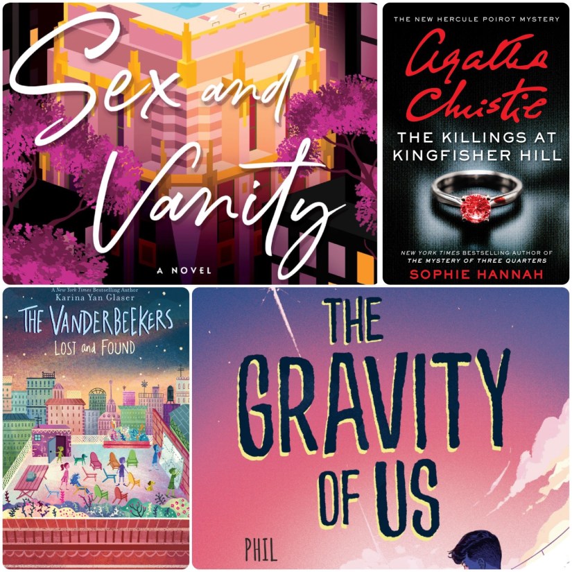 Collage of covers: Sex and Vanity, Killings at Kingfisher Hill, Vanderbeekes lost and found and The Gravity of Us
