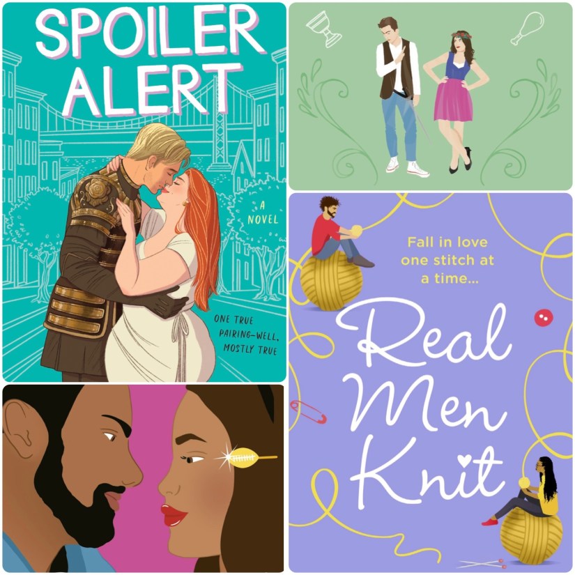 Collage of covvers of Spoiler Alert, Well Met, Real Men Knit and Snapped