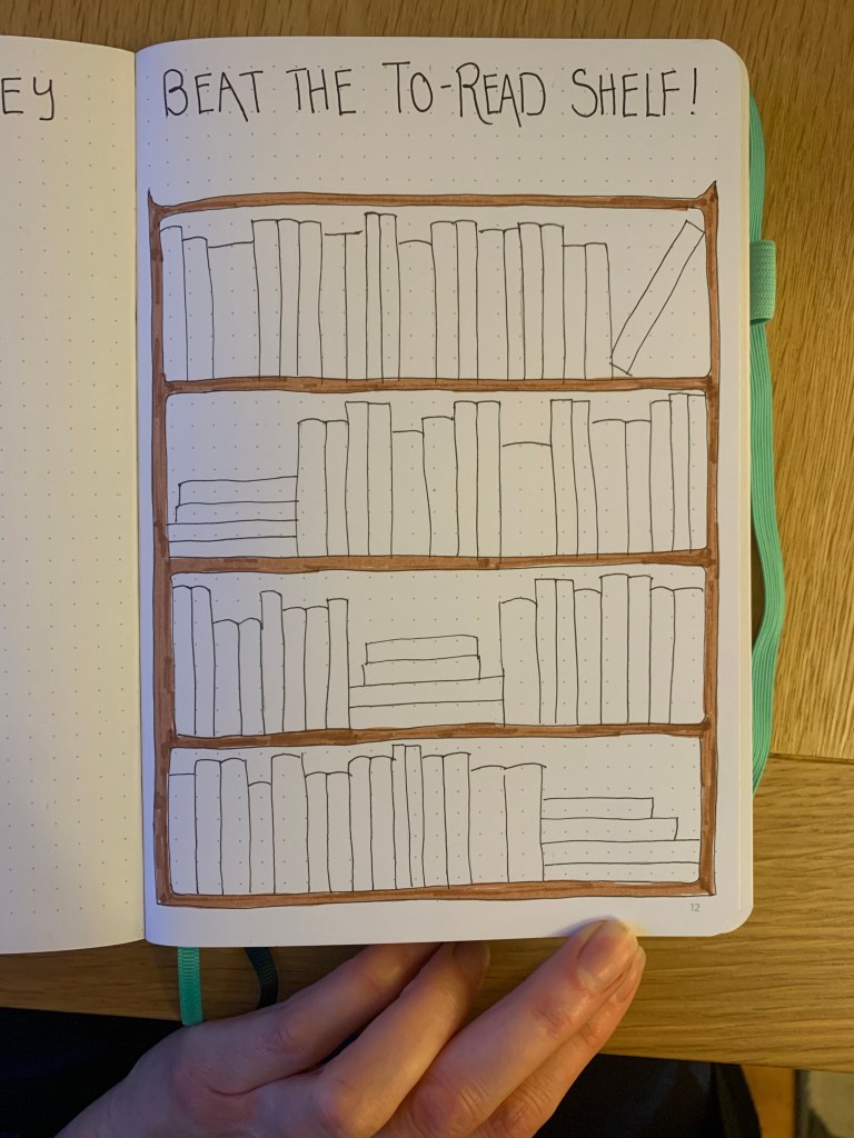 Drawing of a bookshelf full of lots of blank books