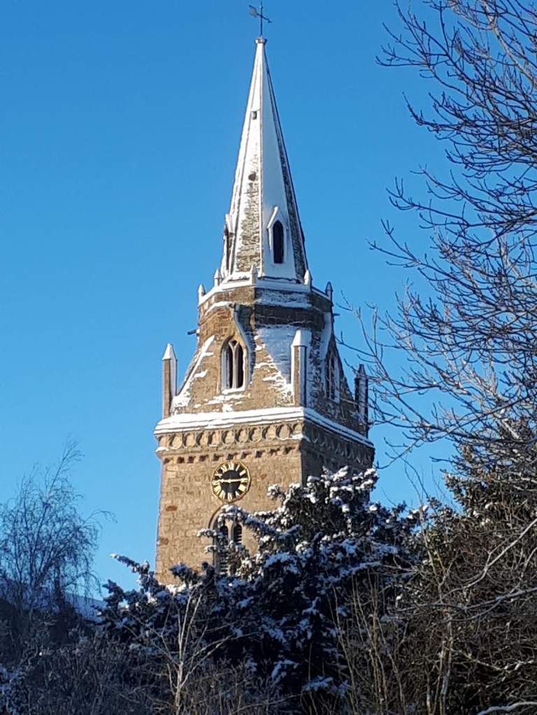 A snowy church steeple