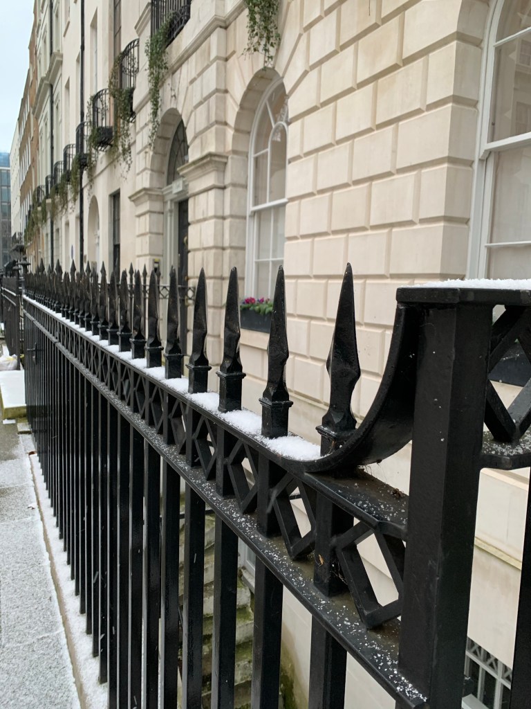 Snowy railings and the fancy houses behind them