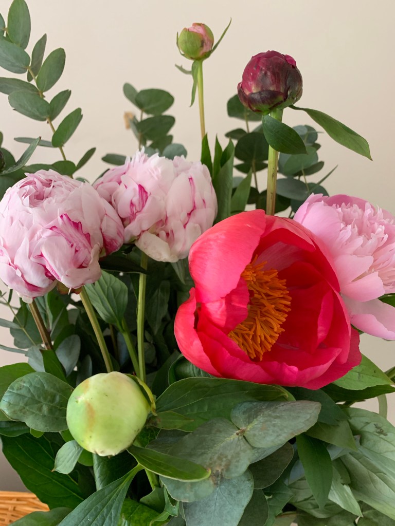A vase full of Peonies in various shades of pink