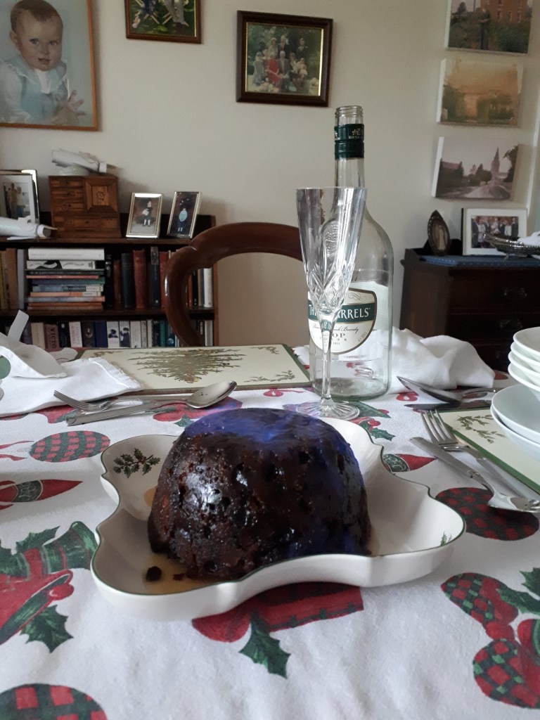 A flaming Christmas pudding